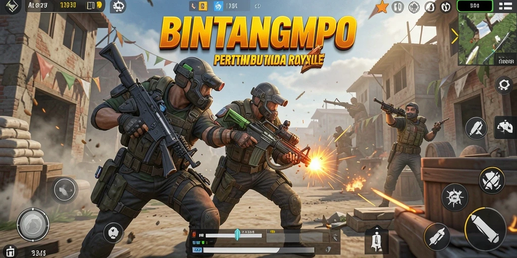 Tampilan gameplay intens BINTANGMPO dalam pertempuran Battle Royale.