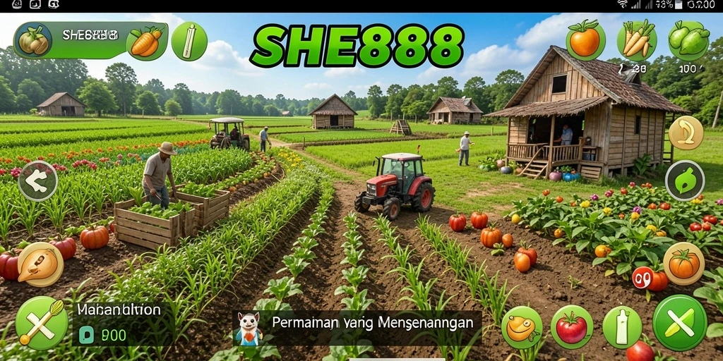 Tangkapan layar gameplay SHE888 dengan pertanian yang indah dan hewan yang menggemaskan.
