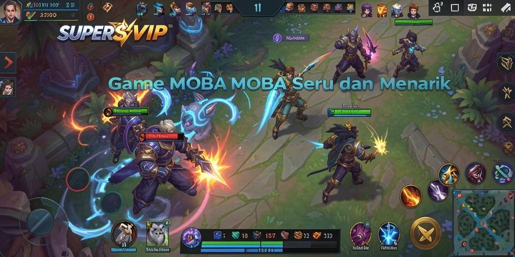 Screenshot gameplay menarik dari SUPERSVIP dalam pertempuran MOBA.